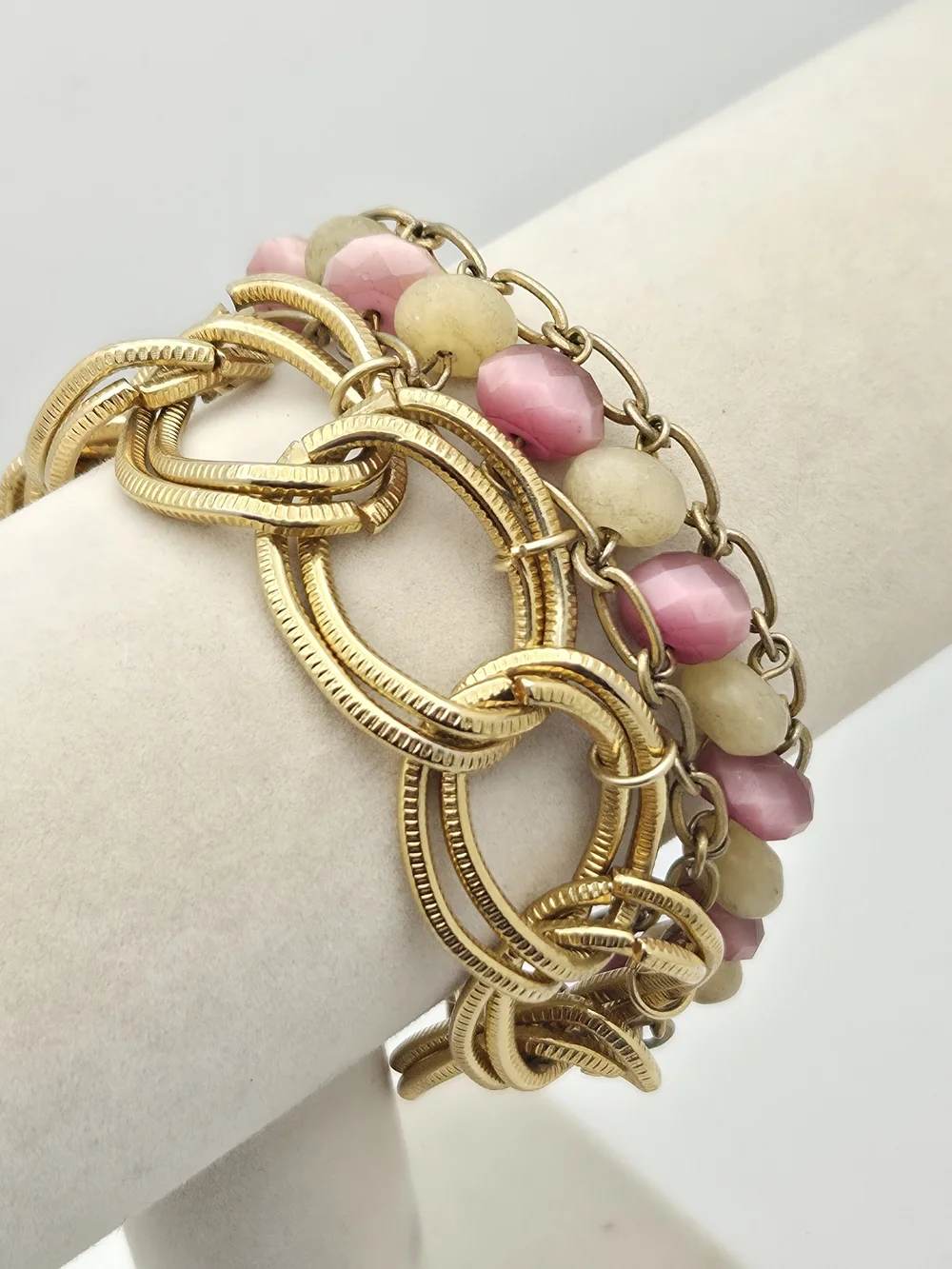 Vintage Multi-Strand Statement Bracelet Gold Tone Chunky Link Pink Cream Glass